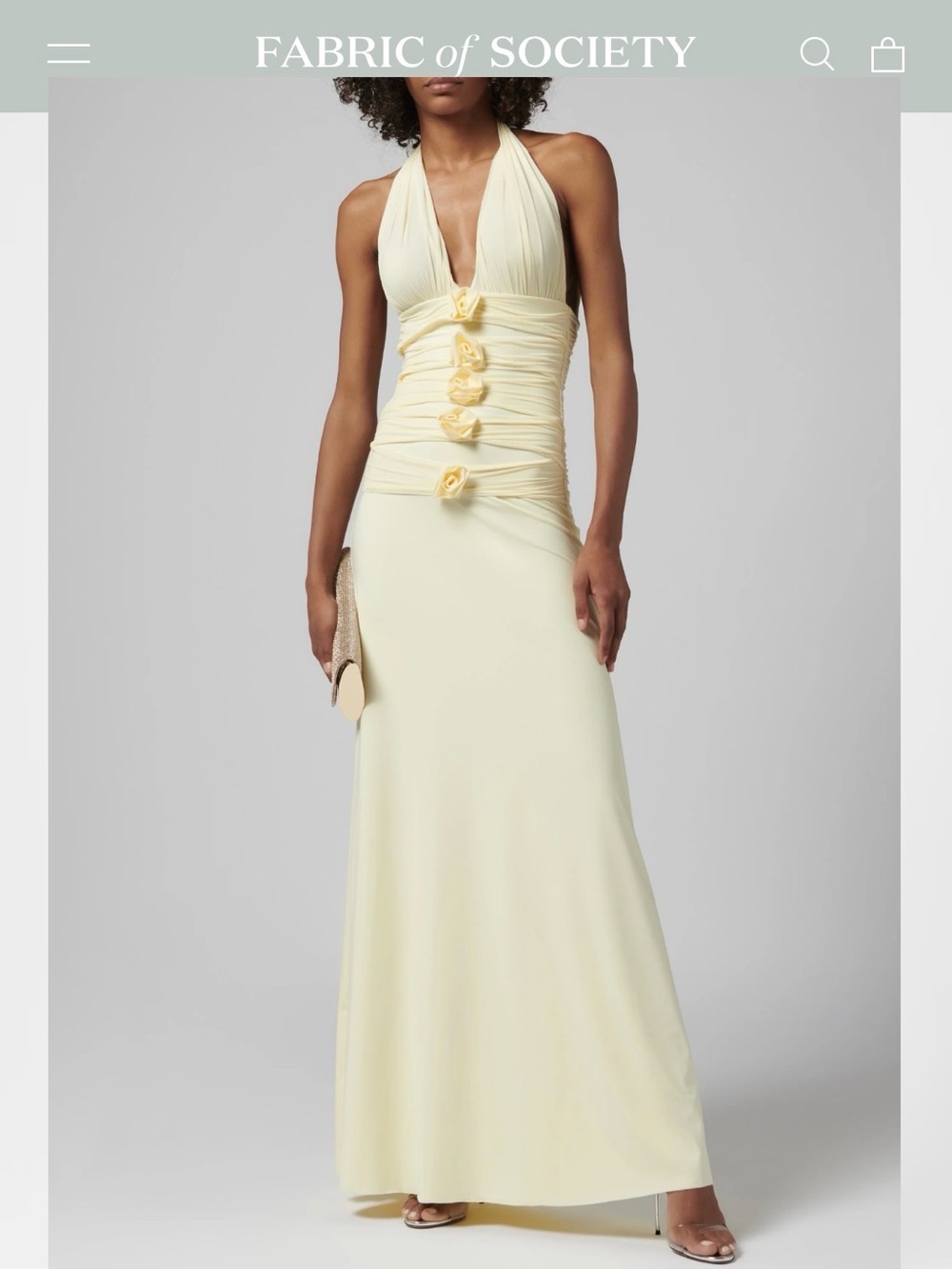 Fabric of Society Pale Yellow Halter Maxi Dress with Floral Accents